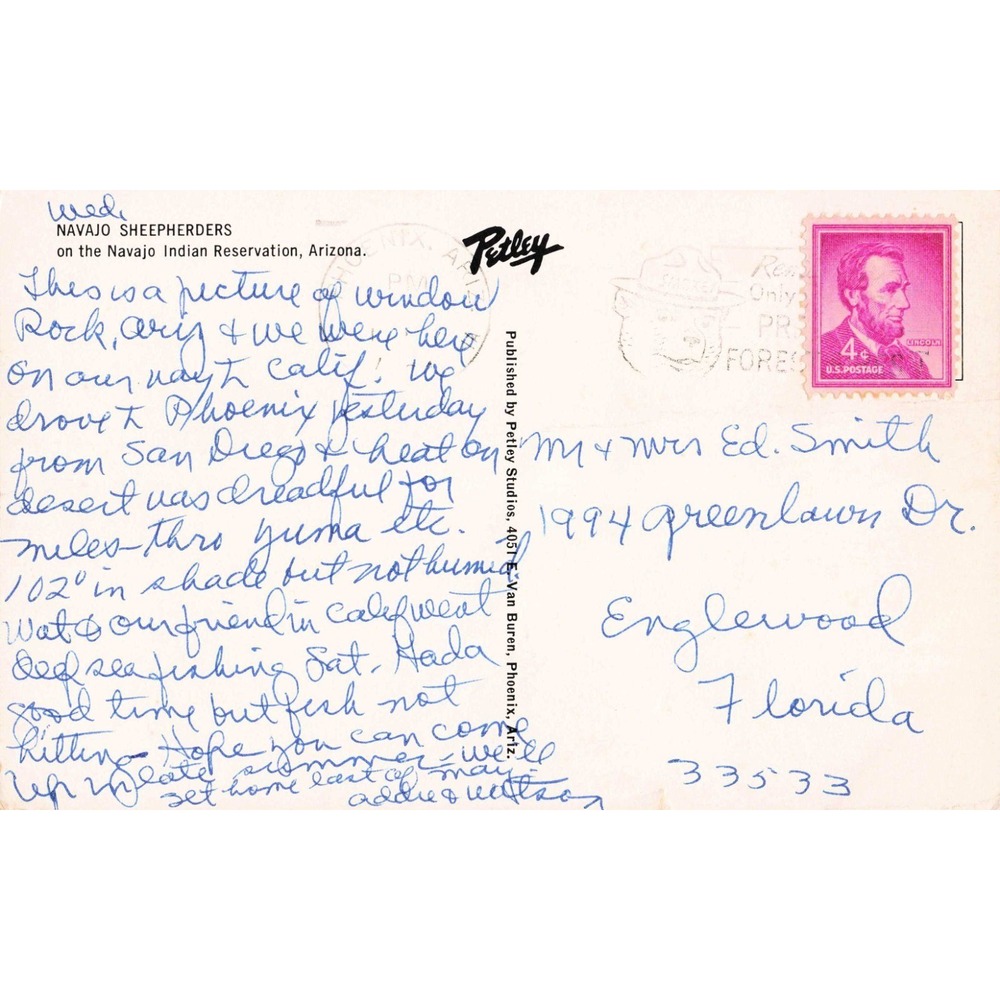 Window Rock Arizona AZ Navajo Indian Sheepherders Petley Vtg Postcard Postmarked - Picture 2 of 2
